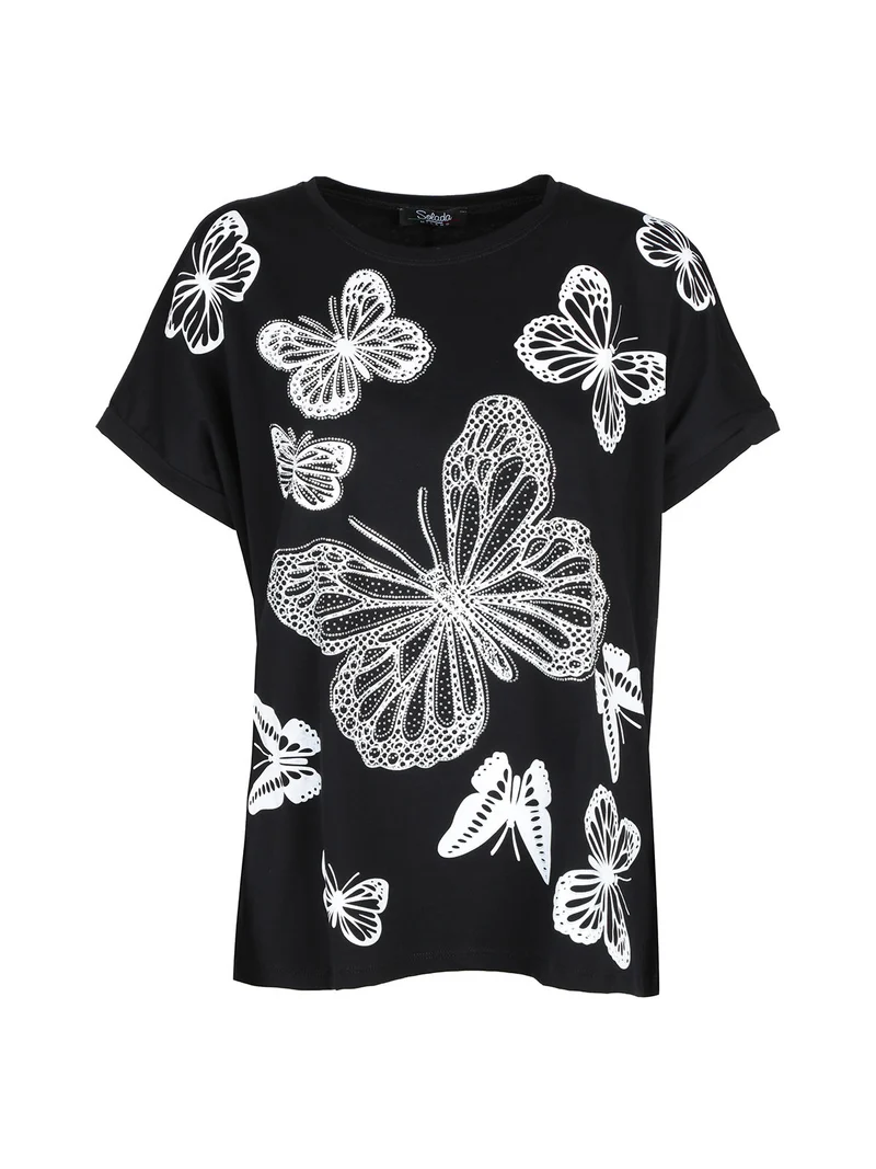 T-shirt donna con stampa farfalle e dettagli strass - nero