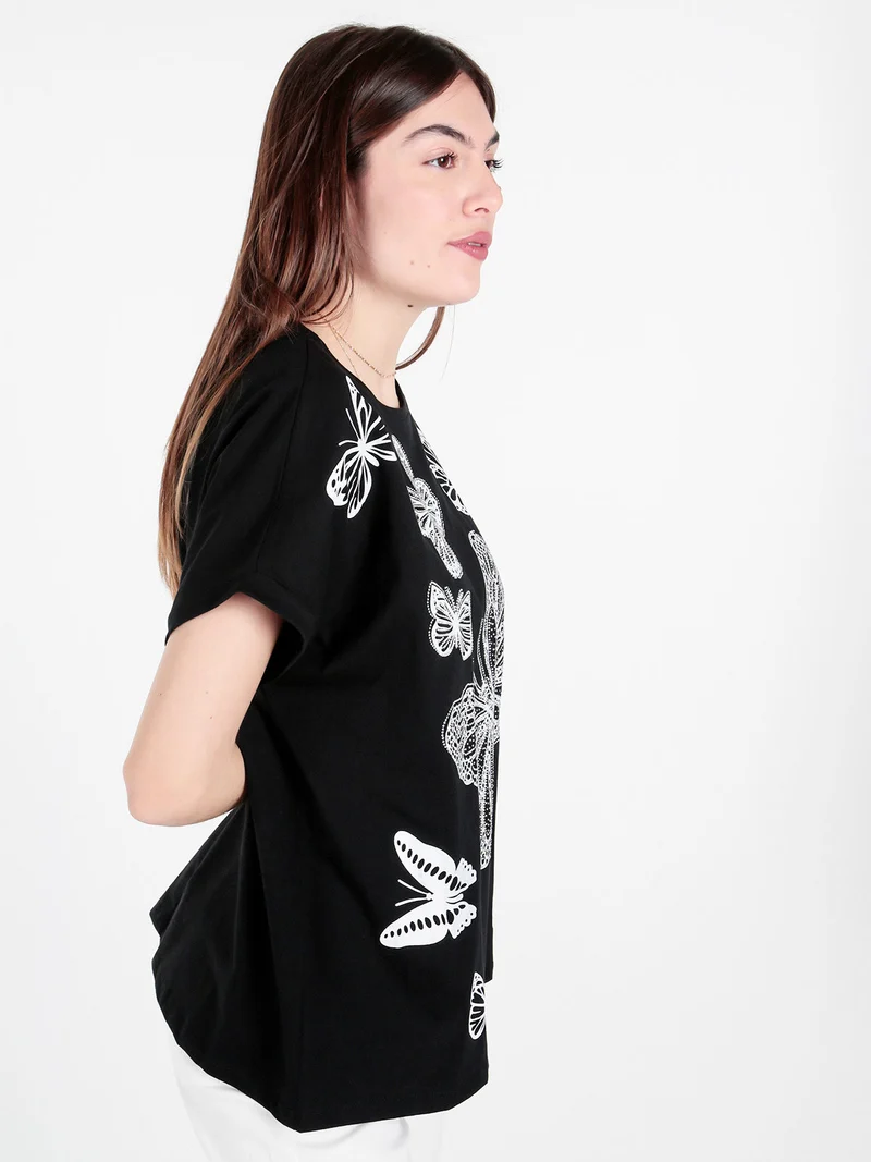 T-shirt donna con stampa farfalle e dettagli strass - nero
