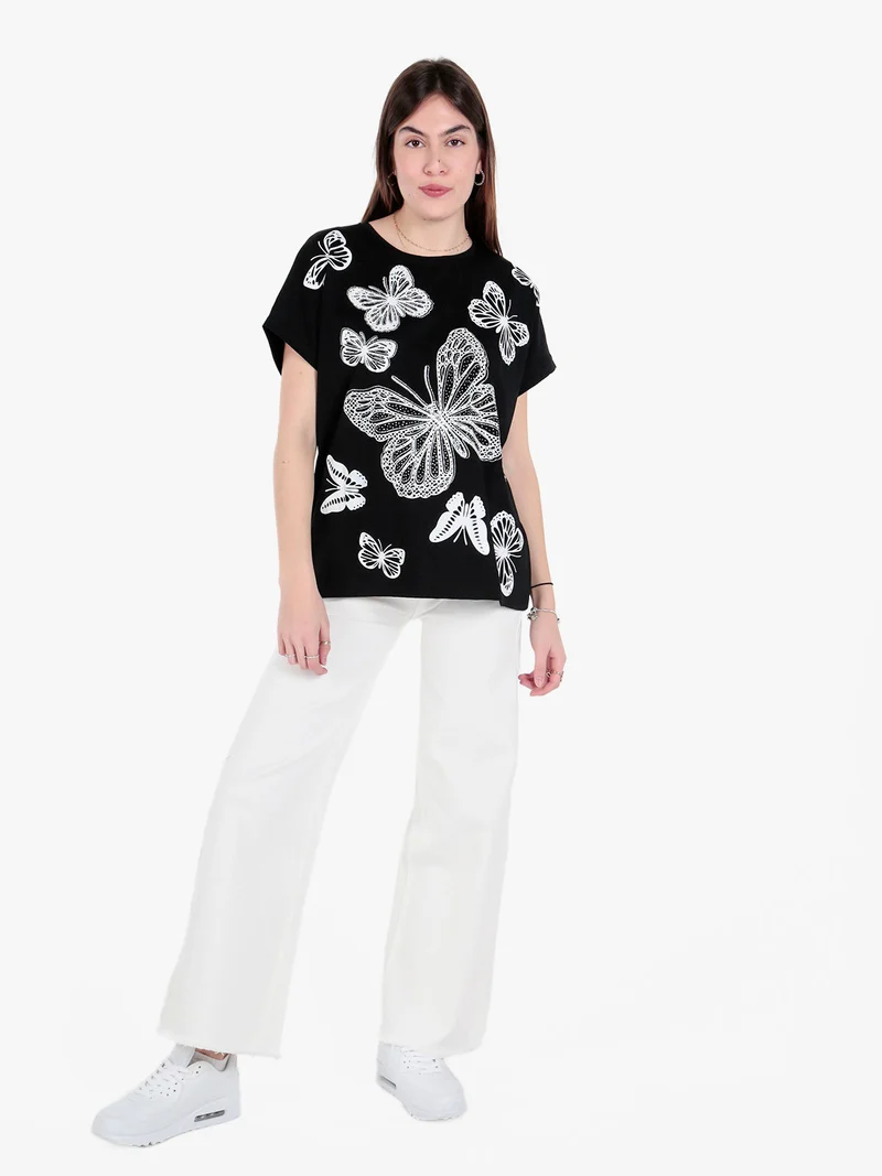 T-shirt donna con stampa farfalle e dettagli strass - nero