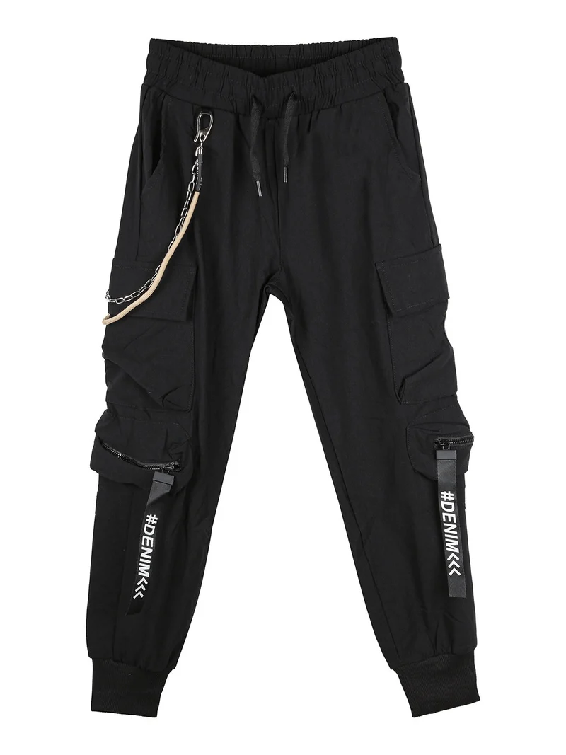 Pantaloni cargo da bambino con coulisse e catena decorativa - nero