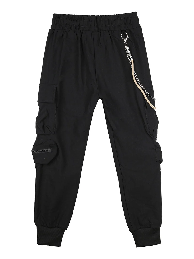 Pantaloni cargo da bambino con coulisse e catena decorativa - nero