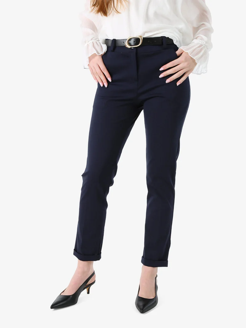 Pantaloni donna a gamba dritta con risvolto sul finale e cintura - blu scuro