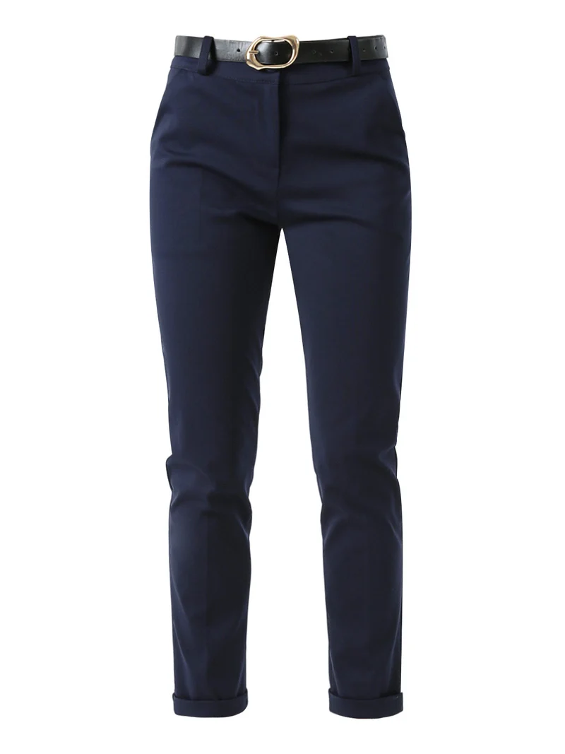 Pantaloni donna a gamba dritta con risvolto sul finale e cintura - blu scuro