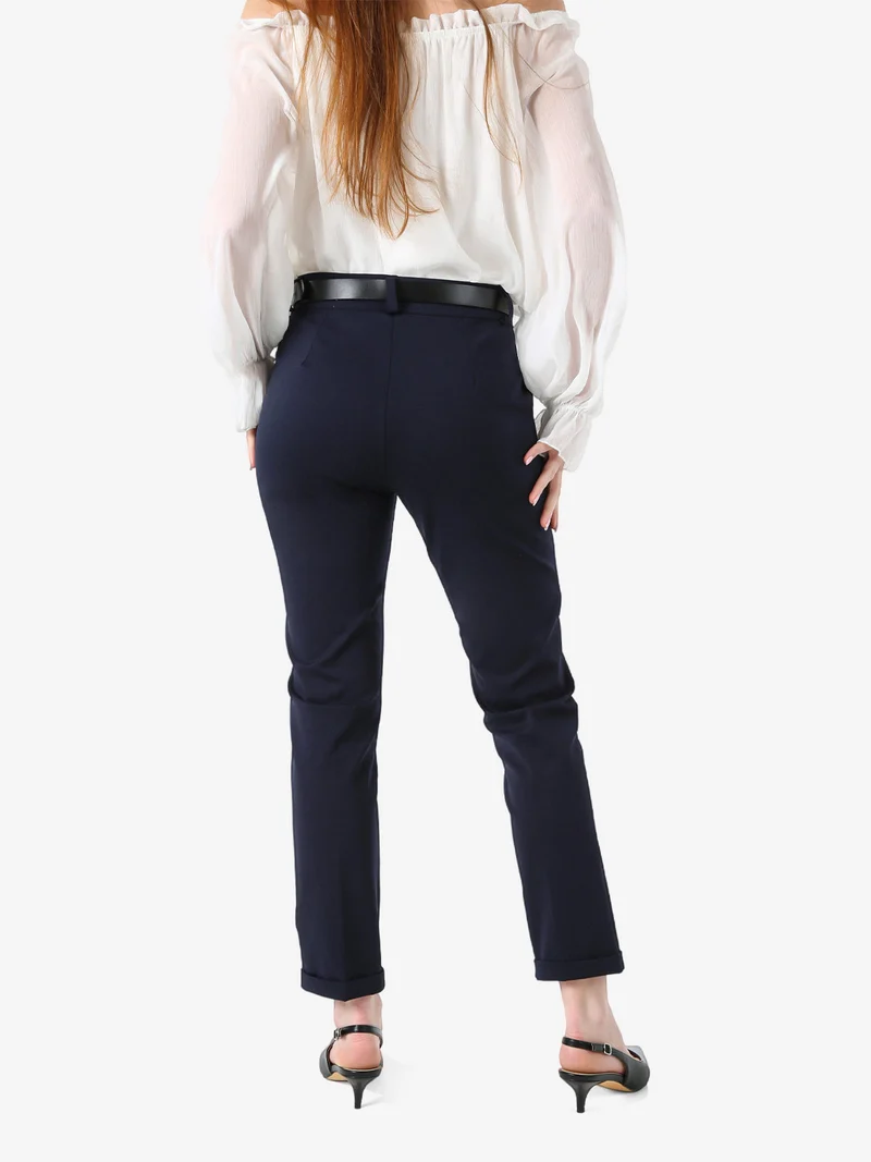 Pantaloni donna a gamba dritta con risvolto sul finale e cintura - blu scuro