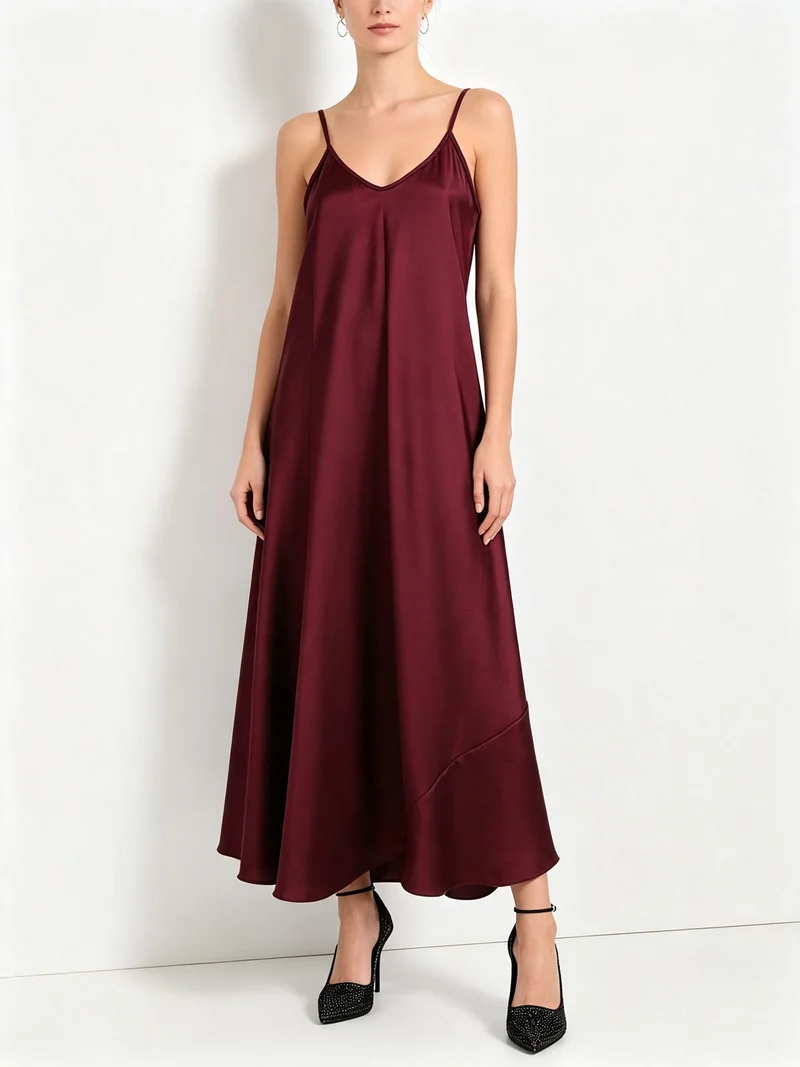 Abito lungo da donna effetto raso con spalline sottili - bordeaux