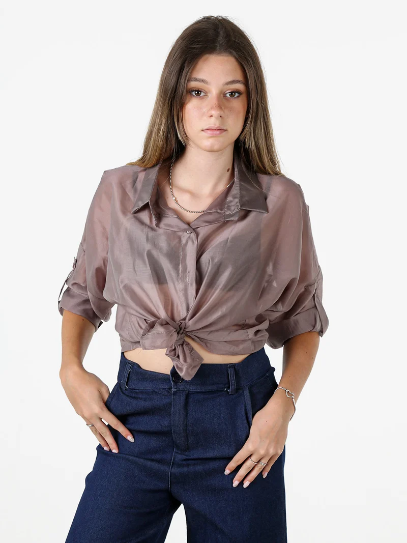 Camicia donna oversize annodata sul fondo a maniche corte - fango