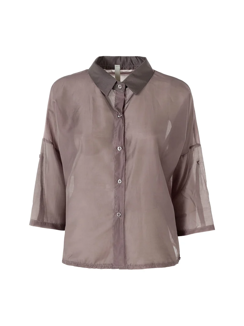 Camicia donna oversize annodata sul fondo a maniche corte - fango