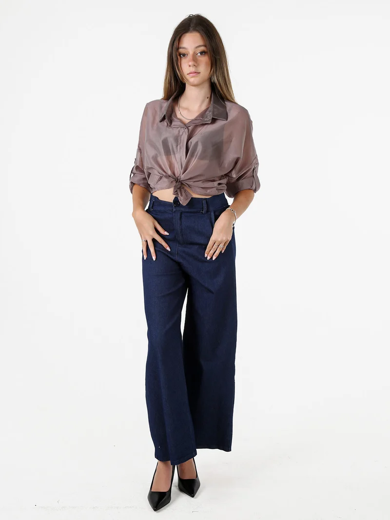 Camicia donna oversize annodata sul fondo a maniche corte - fango