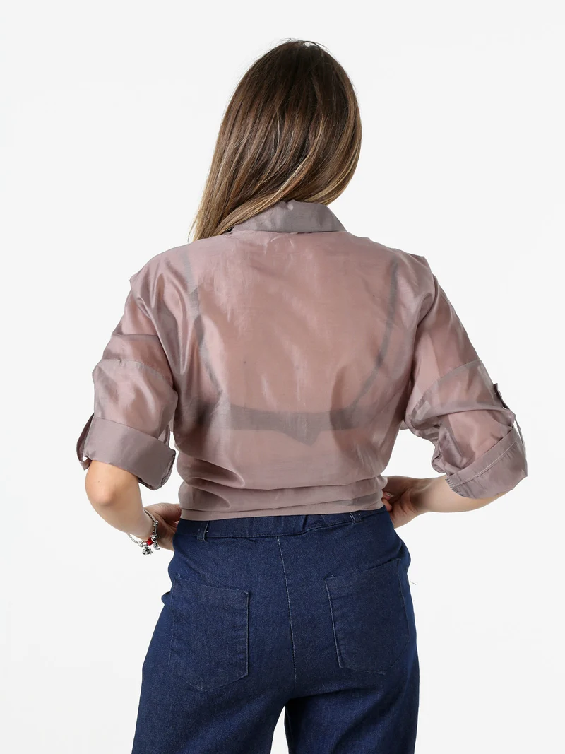 Camicia donna oversize annodata sul fondo a maniche corte - fango