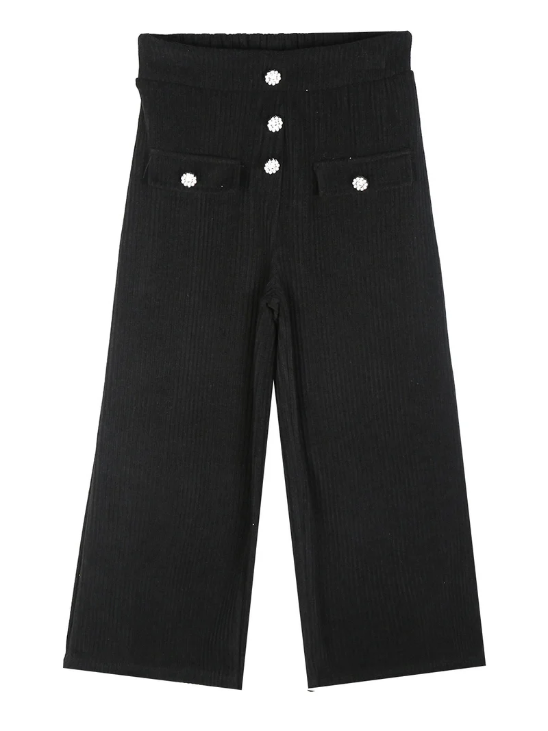 Pantaloni da bambina a gamba larga con bottoni gioiello - nero