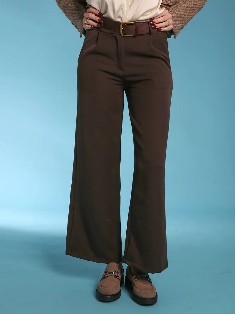 Pantaloni donna a gamba larga con cintura scamosciata - moro