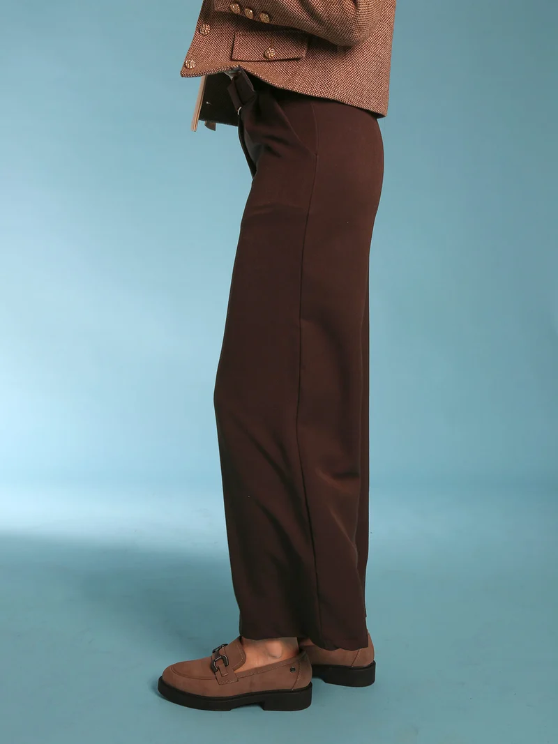 Pantaloni donna a gamba larga con cintura scamosciata - moro