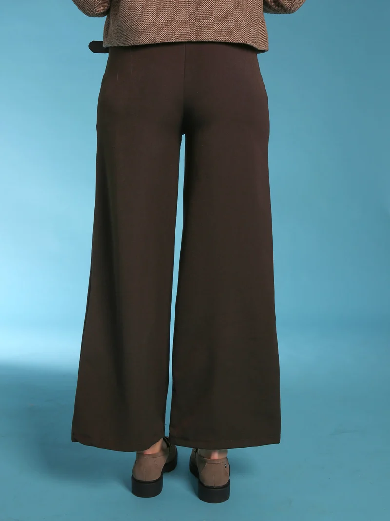 Pantaloni donna a gamba larga con cintura scamosciata - moro