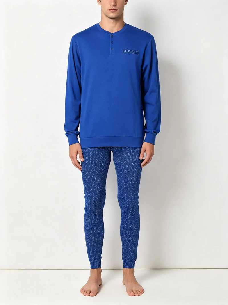 Pigiama lungo da uomo in cotone interlock con pantaloni a quadretti - blu