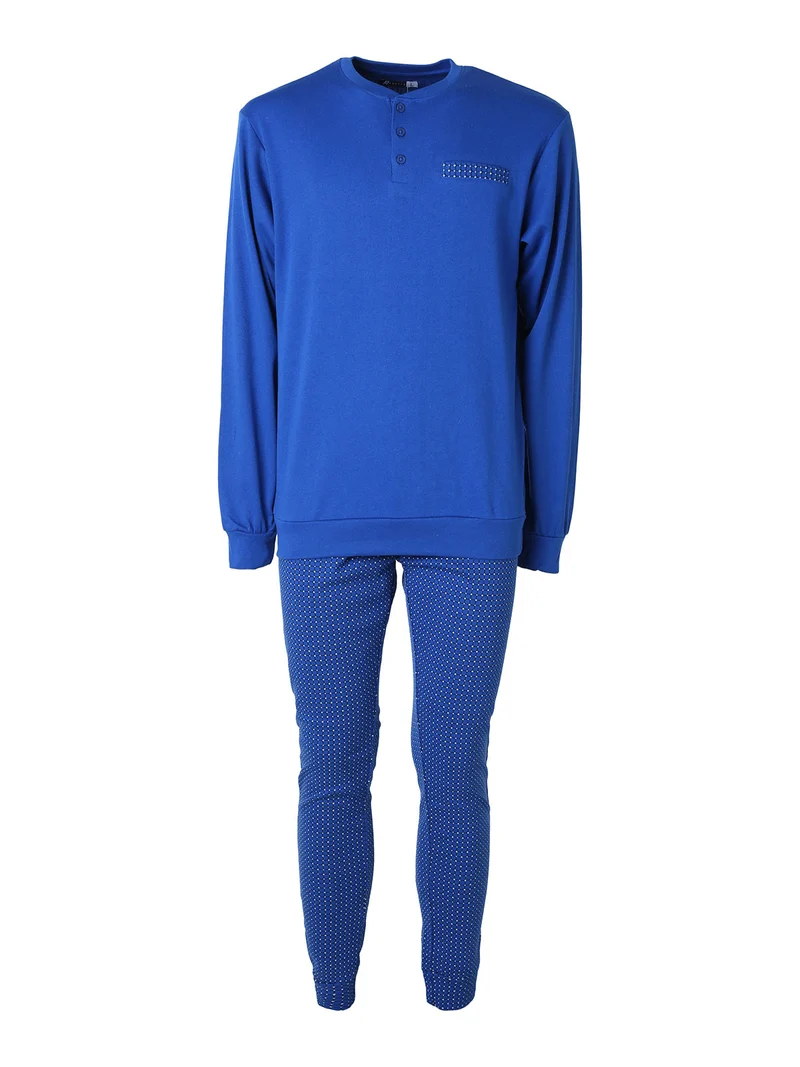 Pigiama lungo da uomo in cotone interlock con pantaloni a quadretti - blu