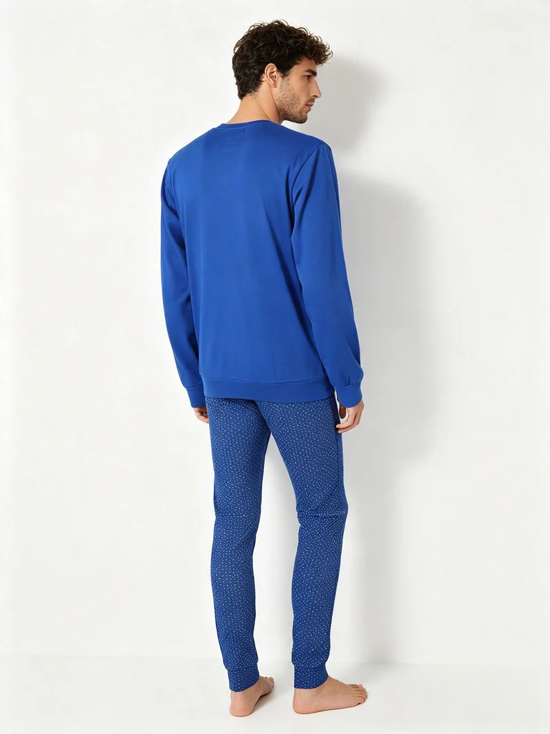 Pigiama lungo da uomo in cotone interlock con pantaloni a quadretti - blu