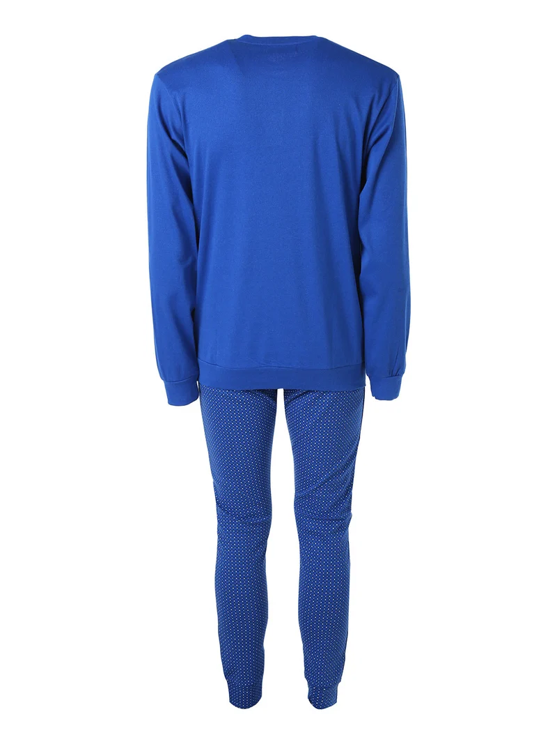 Pigiama lungo da uomo in cotone interlock con pantaloni a quadretti - blu