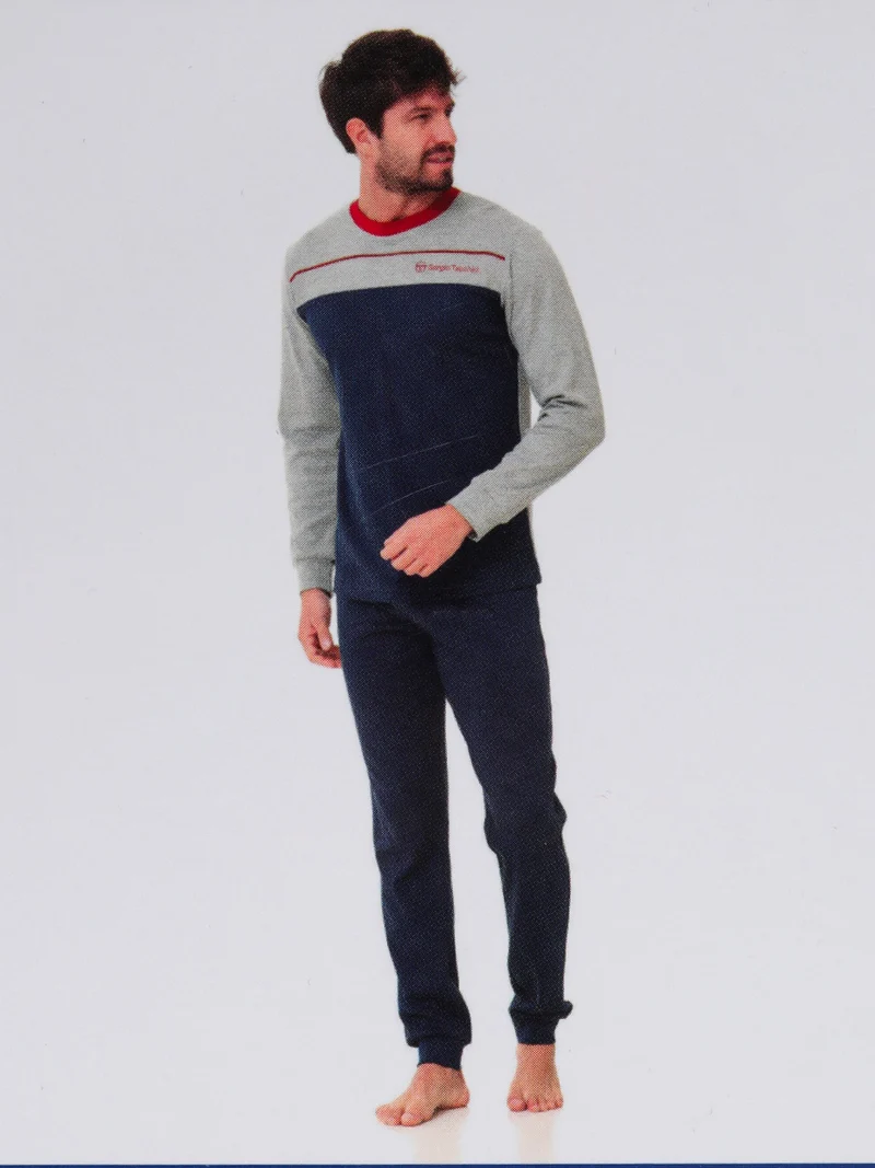 Pigiama girocollo da uomo in cotone interlock - blu scuro