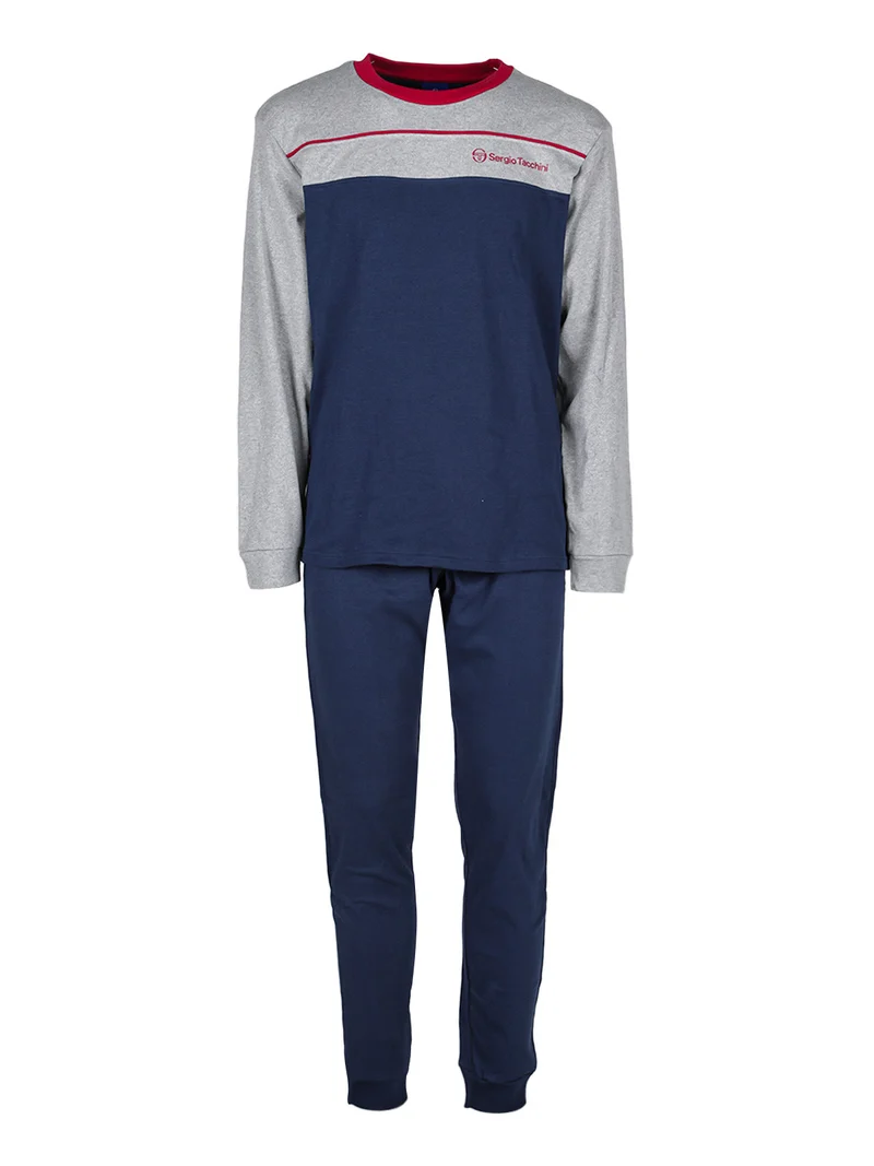 Pigiama girocollo da uomo in cotone interlock - blu scuro