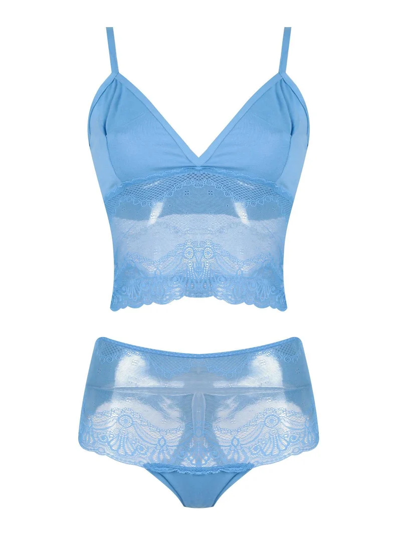Coordinato intimo donna misto cotone con pizzo - azzurro