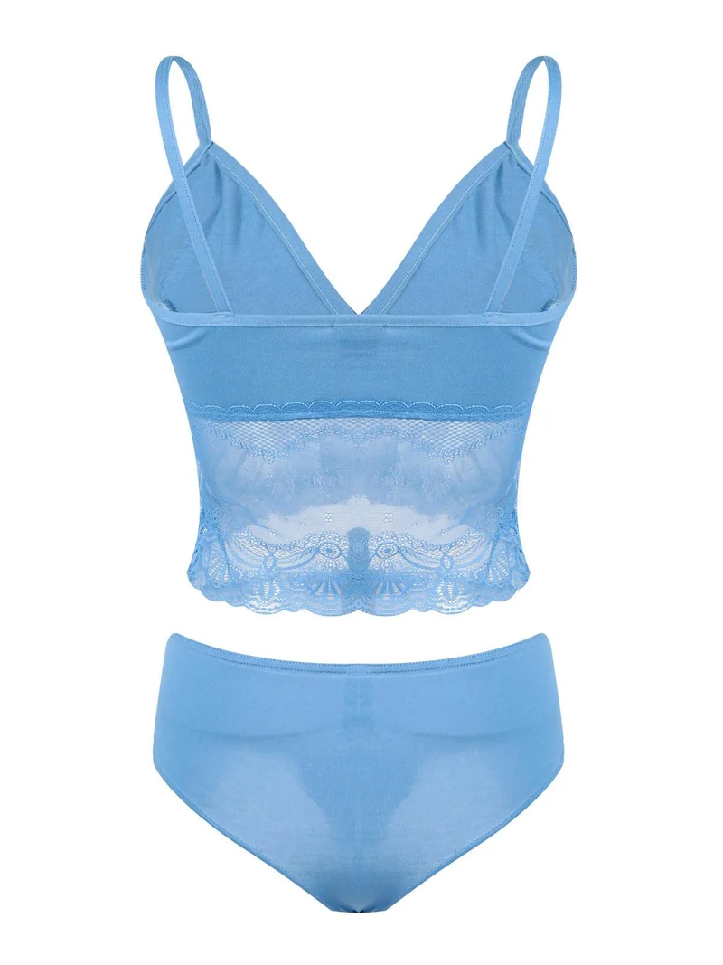 Coordinato intimo donna misto cotone con pizzo - azzurro
