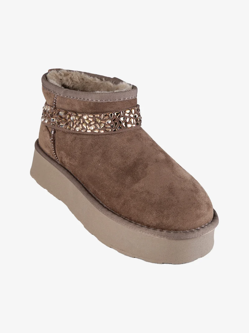 Stivaletti donna in tessuto scamosciato con strass e platform - cammello
