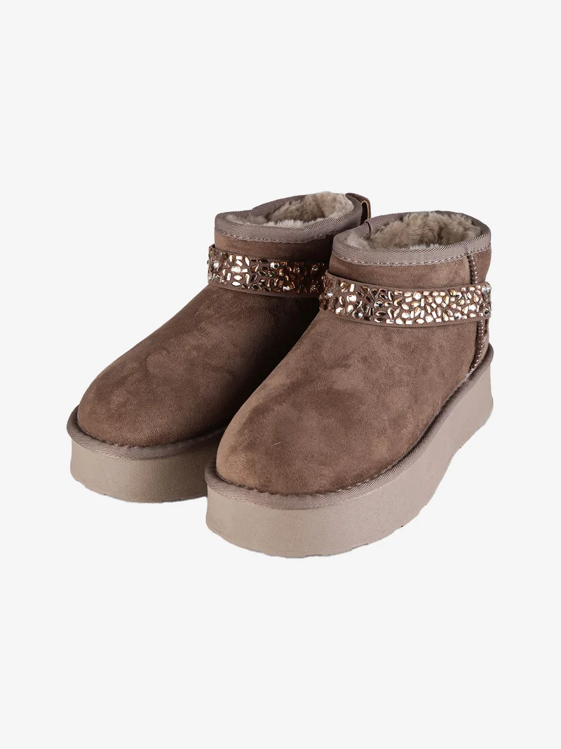Stivaletti donna in tessuto scamosciato con strass e platform - cammello