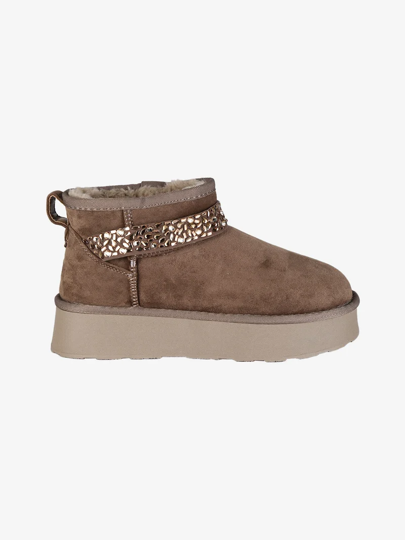 Stivaletti donna in tessuto scamosciato con strass e platform - cammello