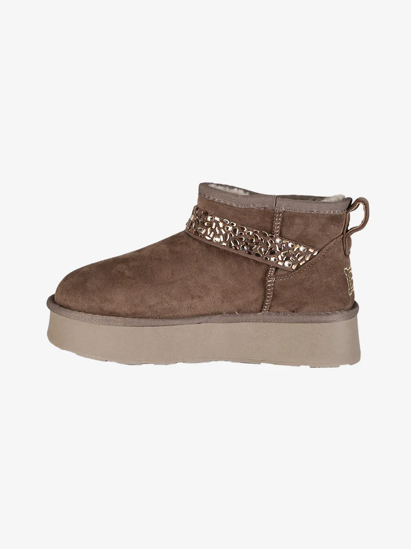 Stivaletti donna in tessuto scamosciato con strass e platform - cammello
