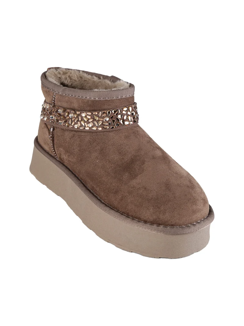 Stivaletti donna in tessuto scamosciato con strass e platform - cammello