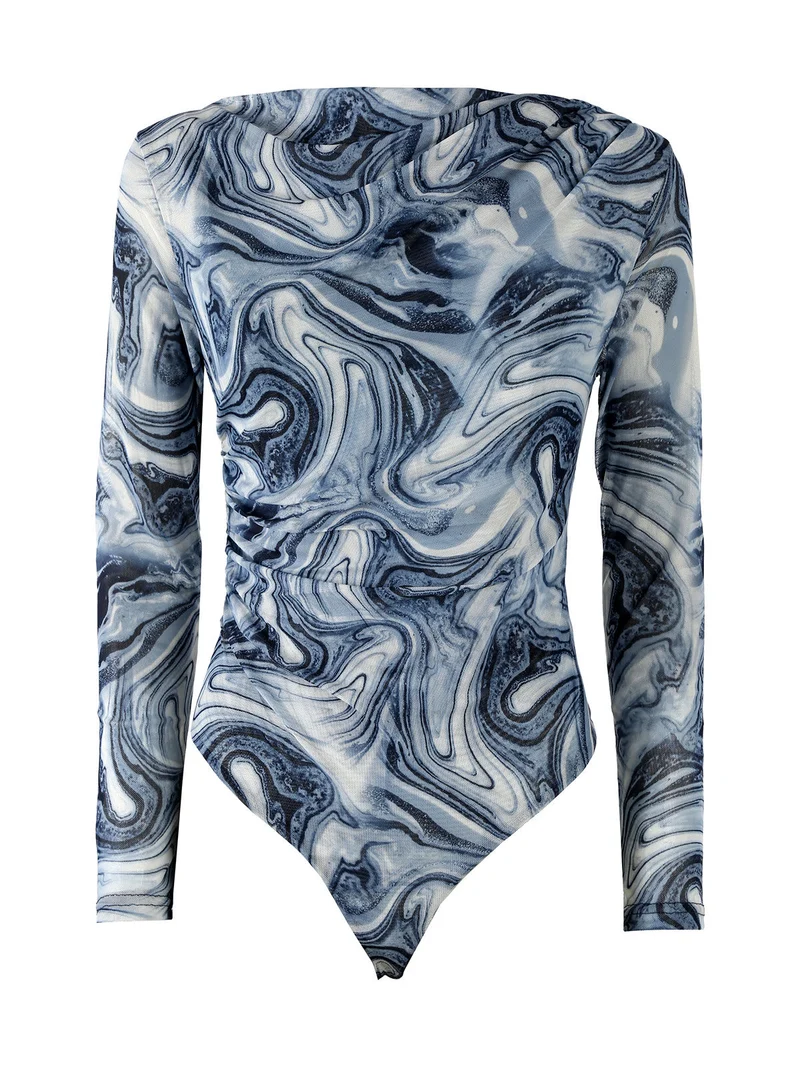 Top body donna a maniche lunghe con scollo a cascata - azzurro