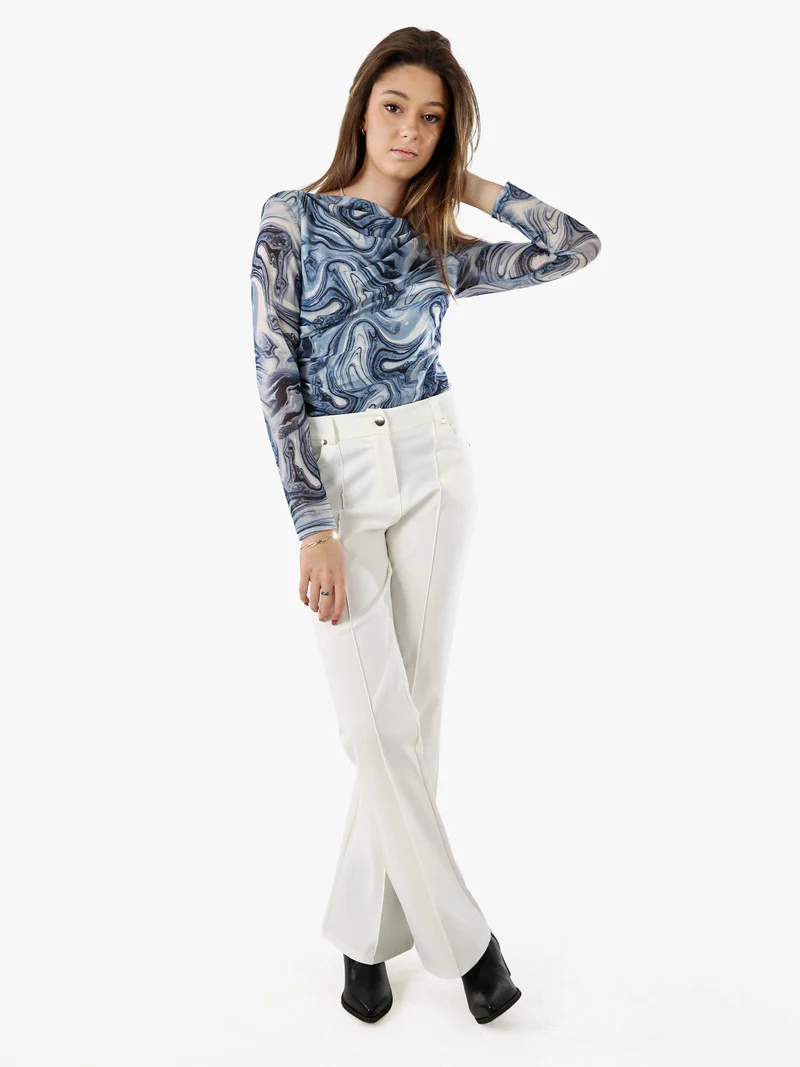Top body donna a maniche lunghe con scollo a cascata - azzurro