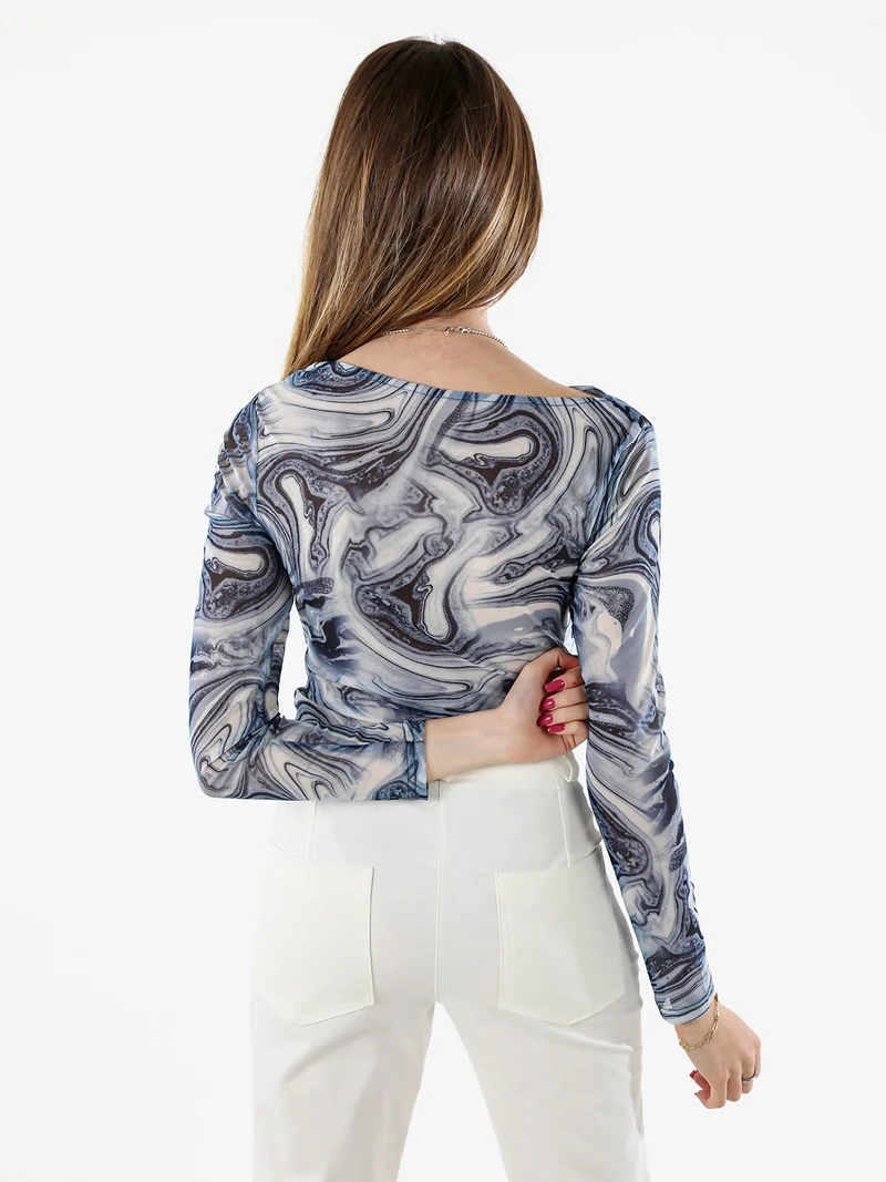 Top body donna a maniche lunghe con scollo a cascata - azzurro