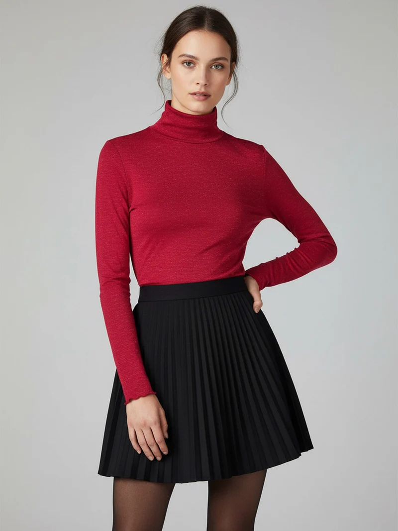 P0725M Dolcevita da donna a maniche lunghe in lurex - rosso