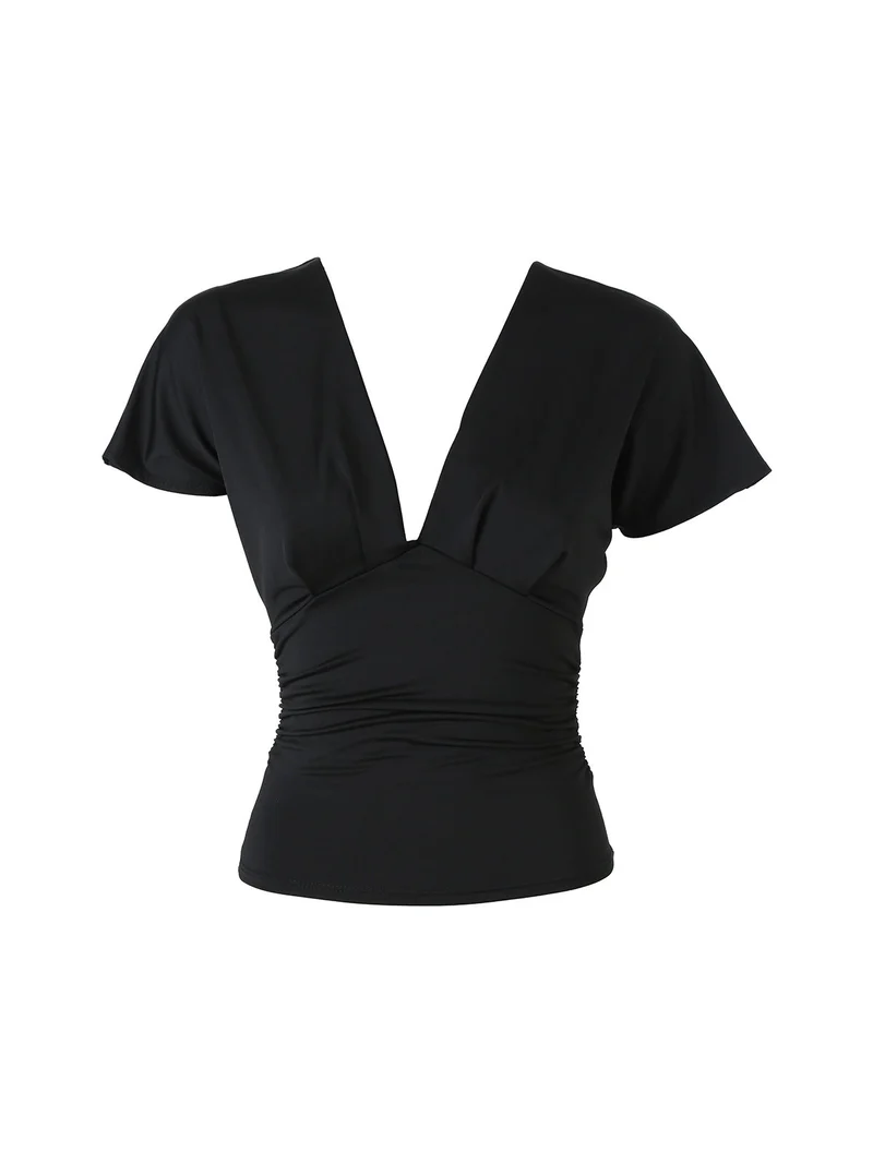 Top donna con scollo a V davanti e dietro con arricciature laterali - nero
