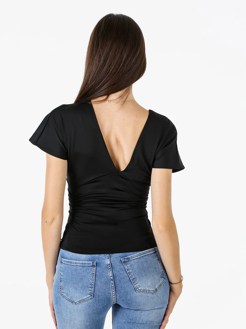 Top donna con scollo a V davanti e dietro con arricciature laterali - nero