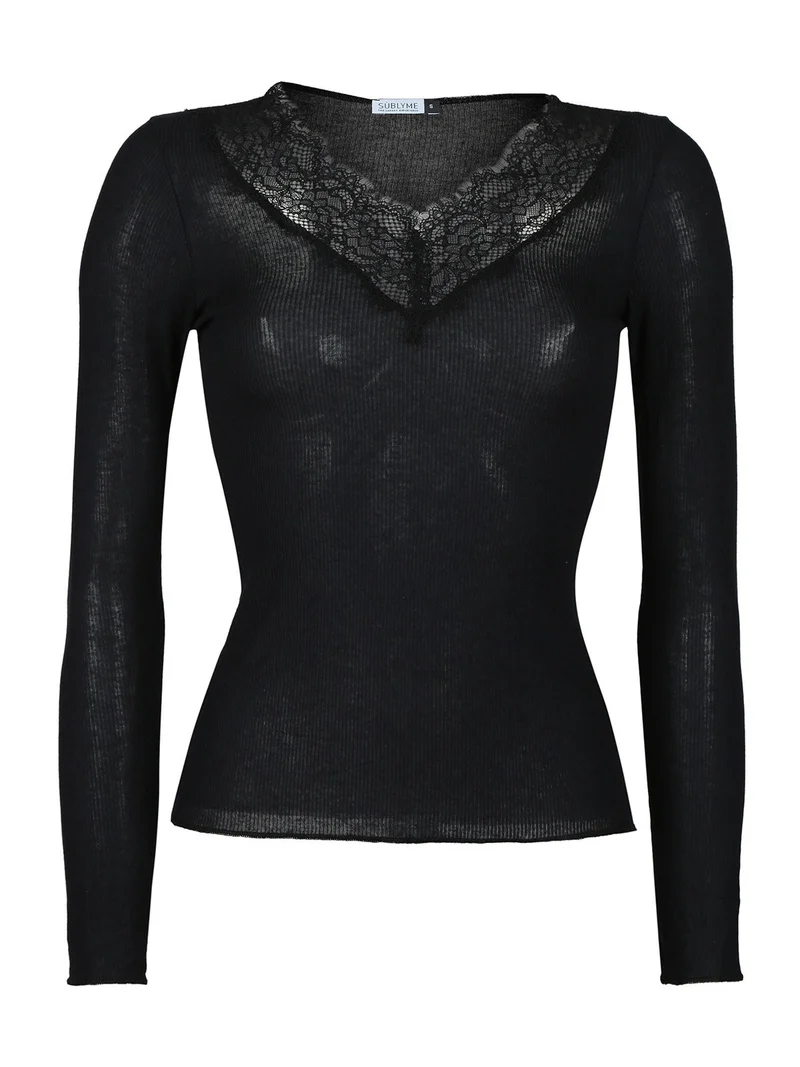 Maglietta donna cashmere con pizzo - nero