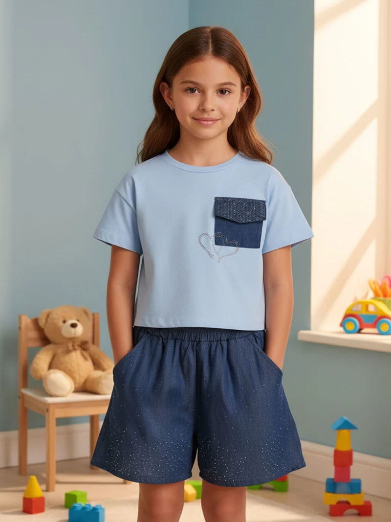 Completo 2 pezzi corto da bambina con t-shirt cropped e shorts con micro borchie - azzurro