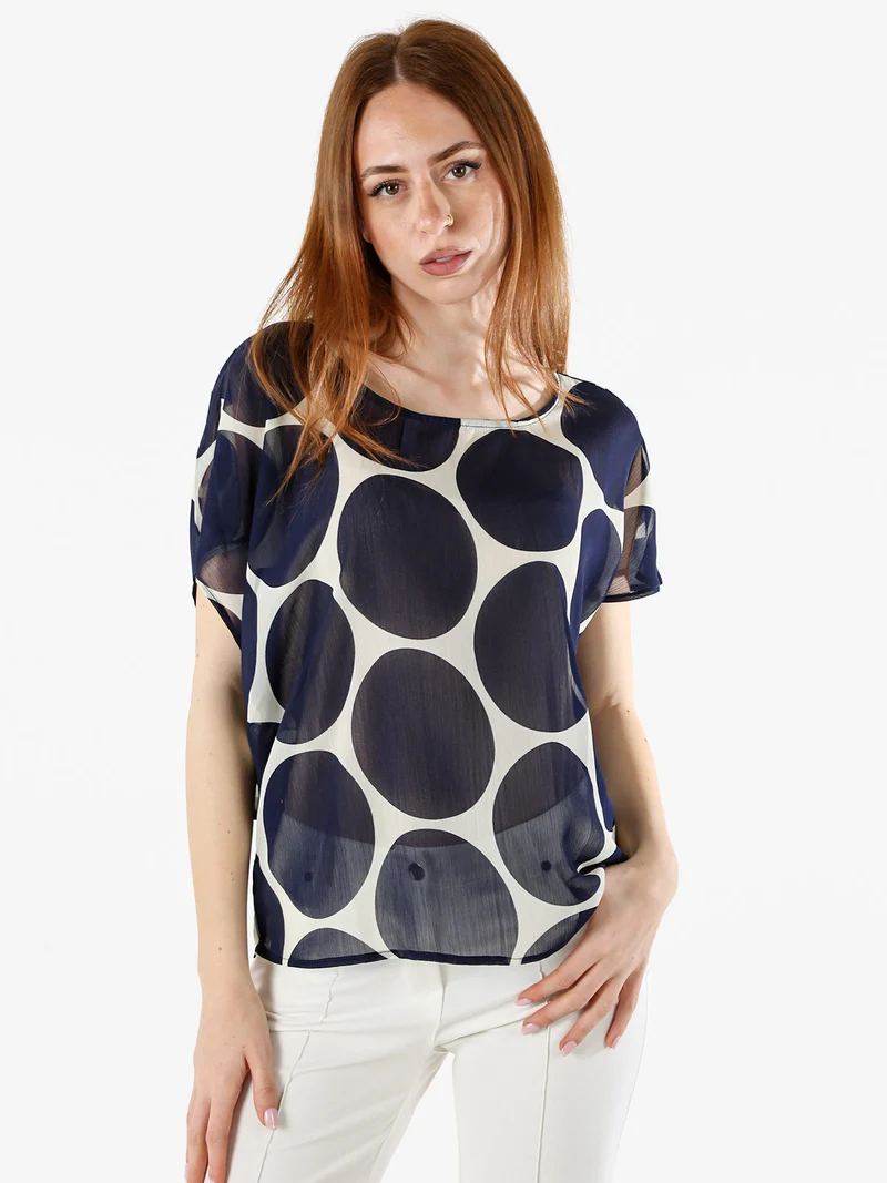 Blusa donna velata senza maniche con stampa a cerchi - blu