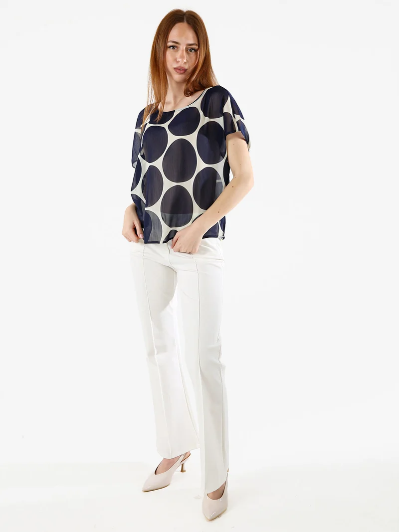 Blusa donna velata senza maniche con stampa a cerchi - blu