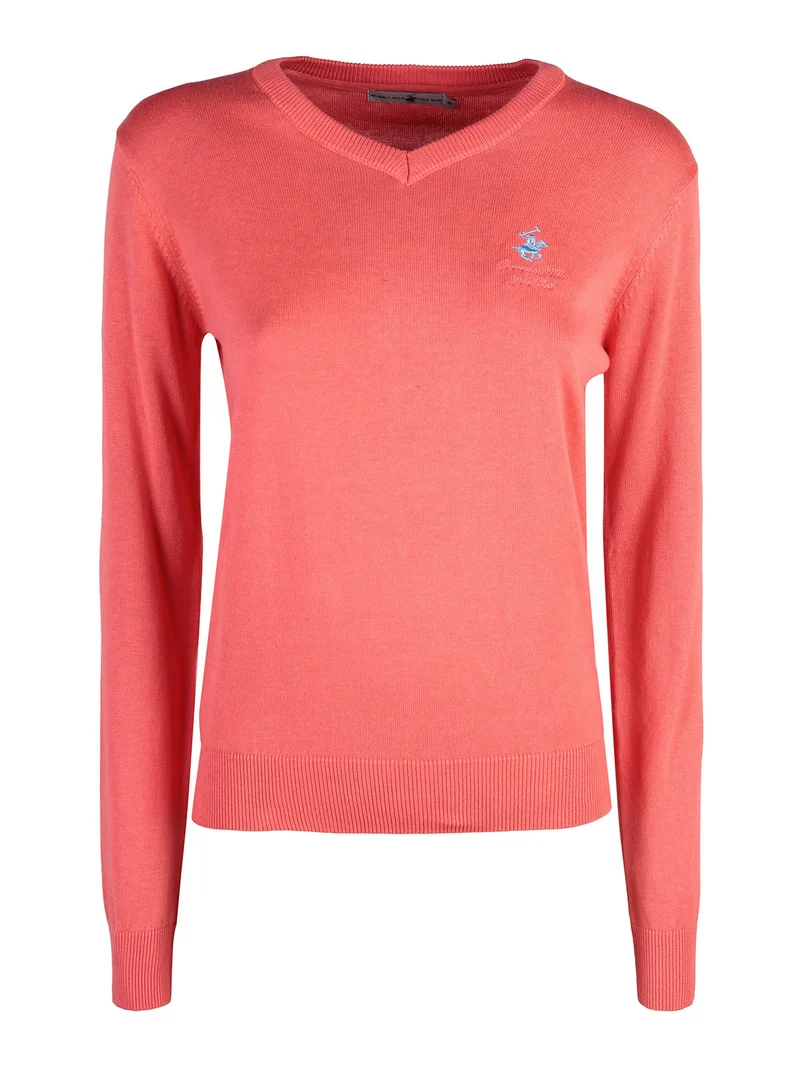Pullover donna in cotone scollo V - corallo