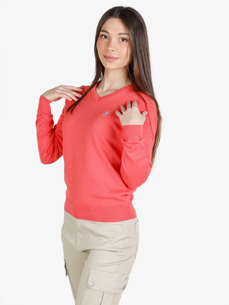 Pullover donna in cotone scollo V - corallo