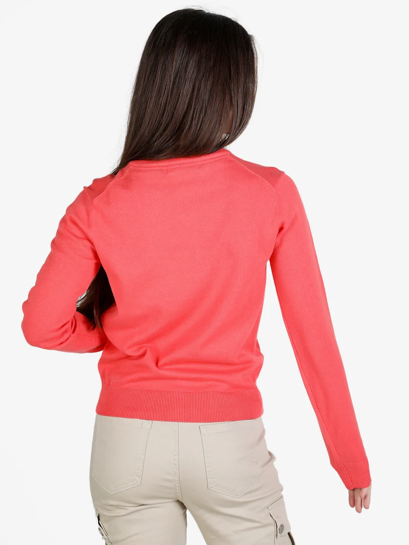 Pullover donna in cotone scollo V - corallo