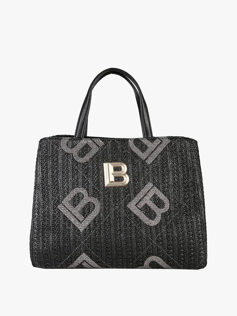 Borsa rigida da donna in paglia con doppi manici - nero