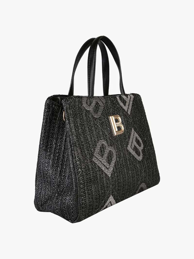 Borsa rigida da donna in paglia con doppi manici - nero
