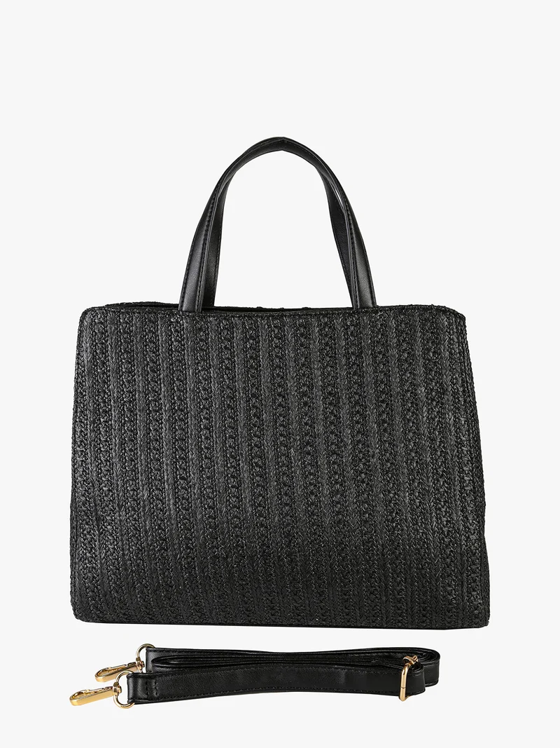 Borsa rigida da donna in paglia con doppi manici - nero
