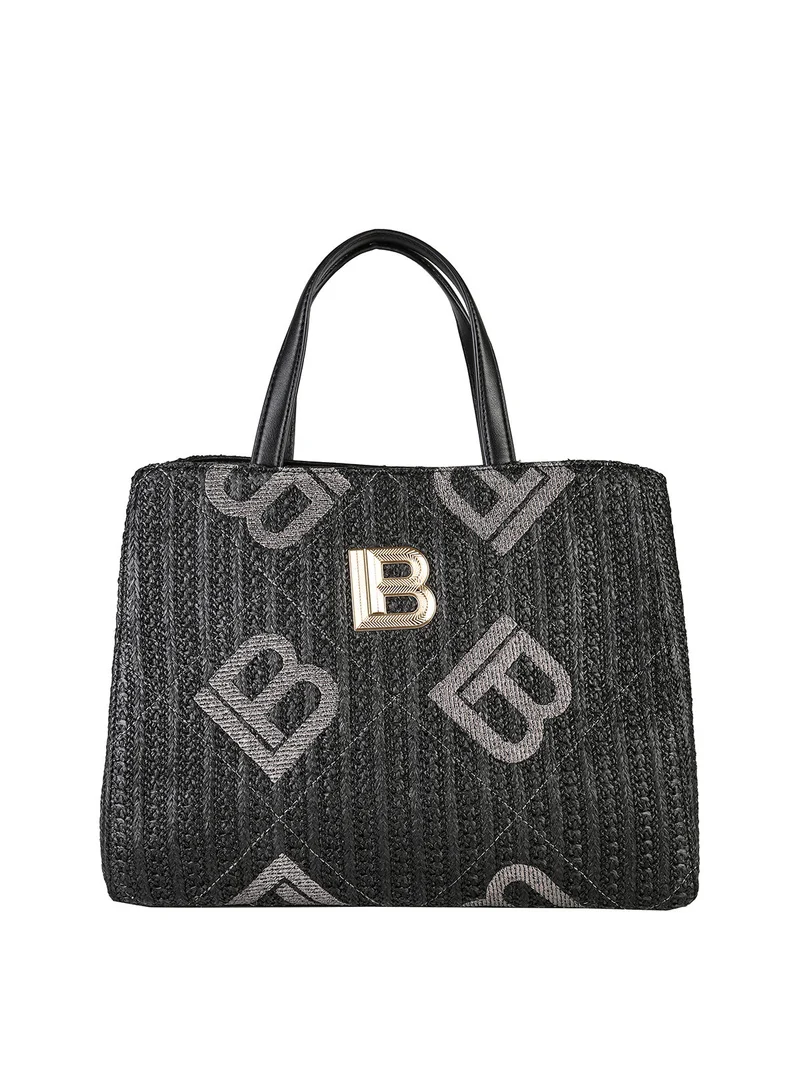 Borsa rigida da donna in paglia con doppi manici - nero