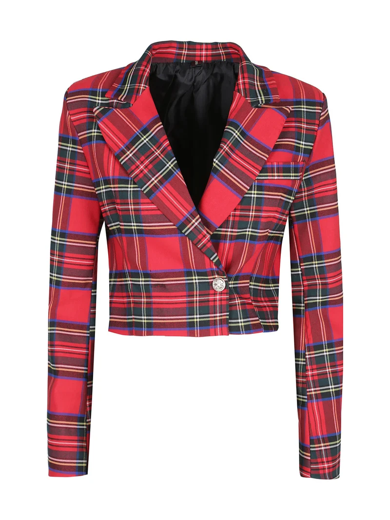 Blazer corto da donna scozzese a doppiopetto - rosso