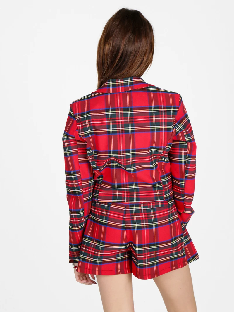 Blazer corto da donna scozzese a doppiopetto - rosso