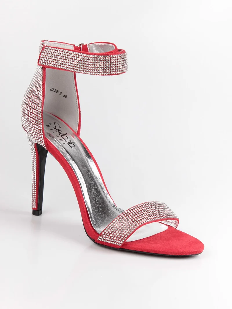 Sandali aperti con tacco e strass rosso